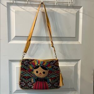 Handcrafted Multicolor Embroidered Shoulder Bag with Yellow Strap